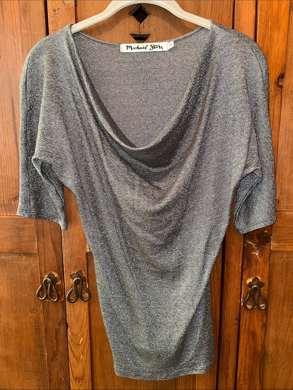 Michael Stars Metallic Gray Draped Cowl Short Sleeve Tee